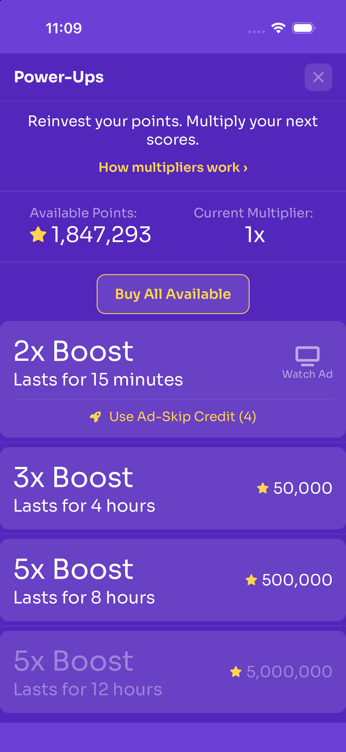 Timed score multiplier choices